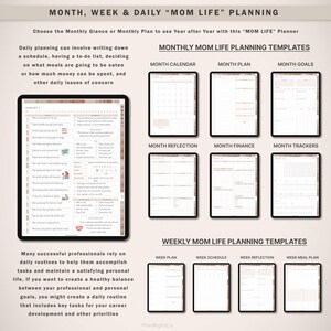 Op de afbeelding: Een digitale planner met de tekst "MONTH, WEEK & DAILY 'MOM LIFE' PLANNING." De planner bevat sjablonen voor maandelijkse en wekelijkse planning, zoals kalenders, doelen en financi&euml;le trackers. Het is ontworpen om gebruikers te helpen hun dagelijkse routines te organiseren.