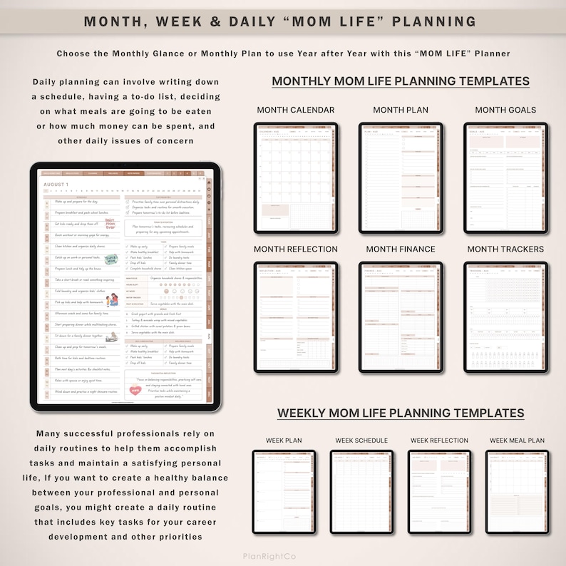 Op de afbeelding: Een digitale planner met de tekst "MONTH, WEEK & DAILY 'MOM LIFE' PLANNING." De planner bevat sjablonen voor maandelijkse en wekelijkse planning, zoals kalenders, doelen en financi&euml;le trackers. Het is ontworpen om gebruikers te helpen hun dagelijkse routines te organiseren.