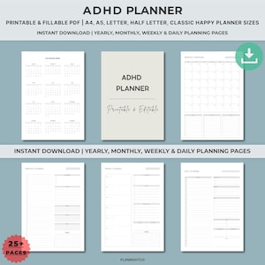 Könnte beinhalten: ADHS-Planer mit druckbaren und ausfüllbaren PDF-Seiten. Enthält Jahres-, Monats-, Wochen- und Tagesplanungsseiten. Erhältlich in A4, A5, Letter und Half Letter Größen. Der Text "ADHD PLANNER" ist sichtbar.