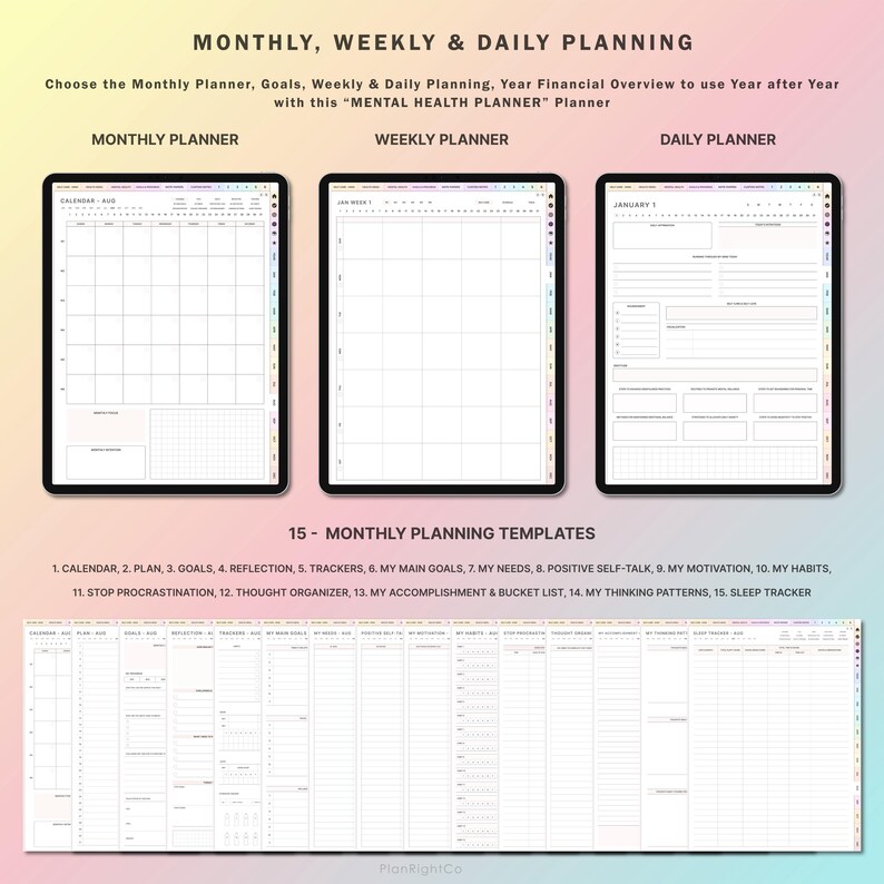 May include: A digital planner with 15 different templates for monthly, weekly, and daily planning. The templates include a calendar, goals, reflection, trackers, main goals, needs, positive self-talk, motivation, habits, stop procrastination, thought organizer, accomplishment and bucket list, thinking patterns, and sleep tracker.