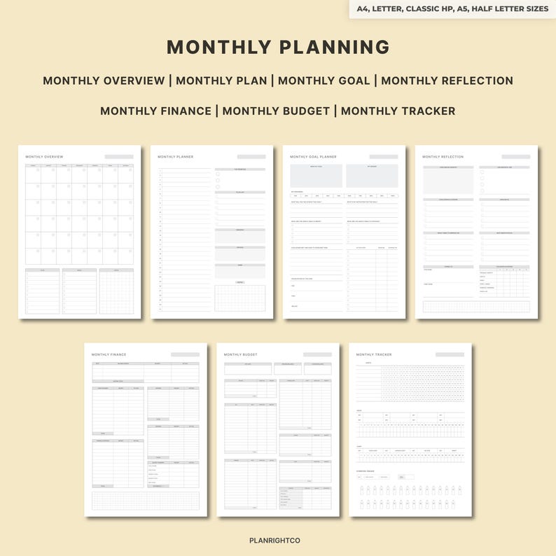 May include: A collection of printable monthly planning pages in various sizes, including A4, Letter, Classic HP, A5, and Half Letter. The pages include sections for monthly overview, plan, goal, reflection, finance, budget, and tracker. The text "MONTHLY PLANNING" is at the top.