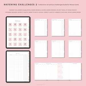 May include: A printable planner for movie lovers with a pink background and a title that reads "Watching Challenges 2". The planner includes sections for movie and series reviews, finished and unfinished movies and series, a movie wishlist, upcoming releases, movies and series to watch, currently watching, and a movie and series board.