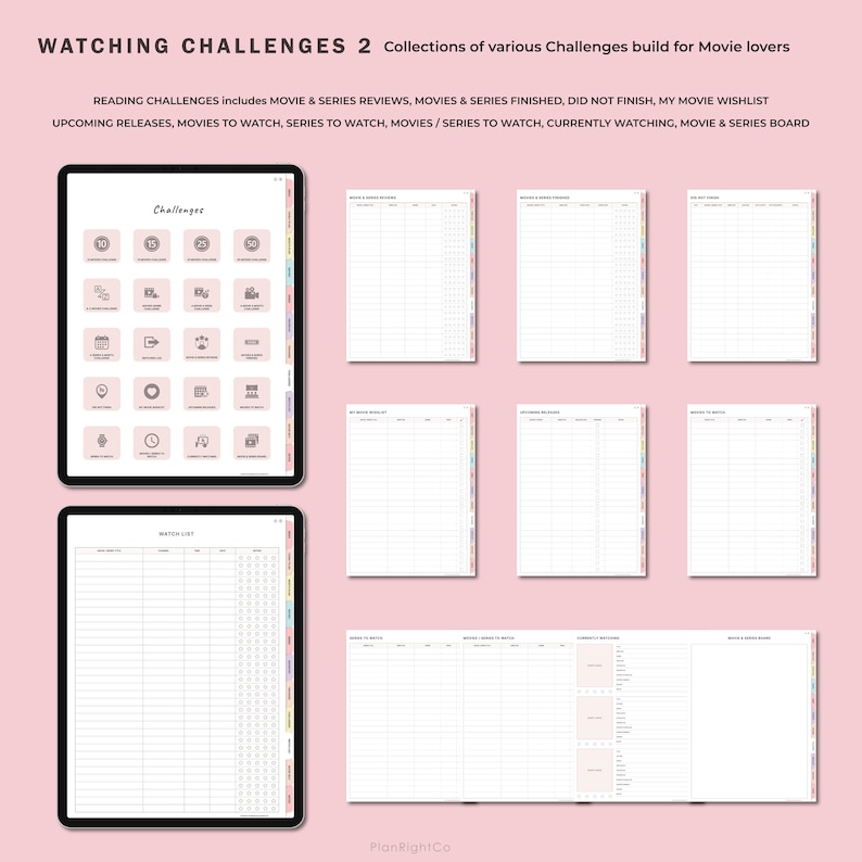 May include: A printable planner for movie lovers with a pink background and a title that reads "Watching Challenges 2". The planner includes sections for movie and series reviews, finished and unfinished movies and series, a movie wishlist, upcoming releases, movies and series to watch, currently watching, and a movie and series board.