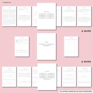 May include: A collection of white planner pages with gray text and headings, including sections for goals, finance, and self-care. The pages are arranged on a pink background. The text "& MORE" appears multiple times. The text "PLANRIGHTCO" is at the top left.