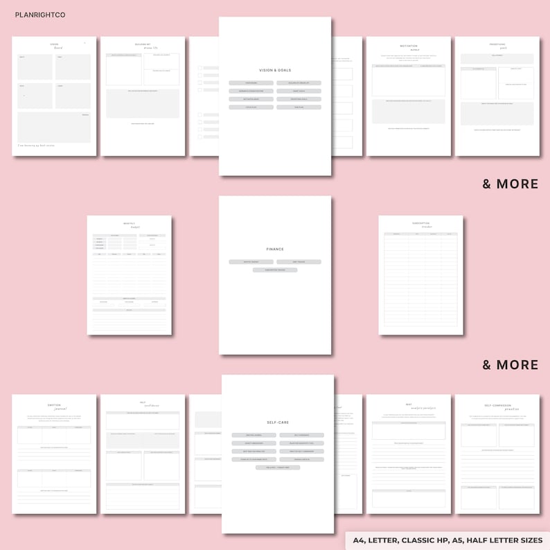 May include: A collection of white planner pages with gray text and headings, including sections for goals, finance, and self-care. The pages are arranged on a pink background. The text "& MORE" appears multiple times. The text "PLANRIGHTCO" is at the top left.
