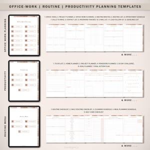 Op de afbeelding: Digitale productiviteitsplanning templates weergegeven op tablets. De afbeelding toont templates voor kantoorwerk, productiviteit en routinemenus. Elke sectie bevat verschillende planningstools zoals takenlijsten, projectplanners en checklists. De tekst bevat "Office-Work | Routine | Productivity Planning Templates."