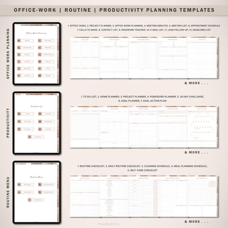 Op de afbeelding: Digitale productiviteitsplanning templates weergegeven op tablets. De afbeelding toont templates voor kantoorwerk, productiviteit en routinemenus. Elke sectie bevat verschillende planningstools zoals takenlijsten, projectplanners en checklists. De tekst bevat "Office-Work | Routine | Productivity Planning Templates."