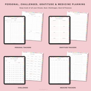 May include: A digital planner with colourful borders, featuring sections for personal records, daily gratitude, weight loss goals, fitness bingo, stress log, and supplements and medications. The planner is designed to help users track their progress and stay motivated.