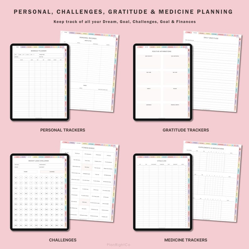 May include: A digital planner with colourful borders, featuring sections for personal records, daily gratitude, weight loss goals, fitness bingo, stress log, and supplements and medications. The planner is designed to help users track their progress and stay motivated.