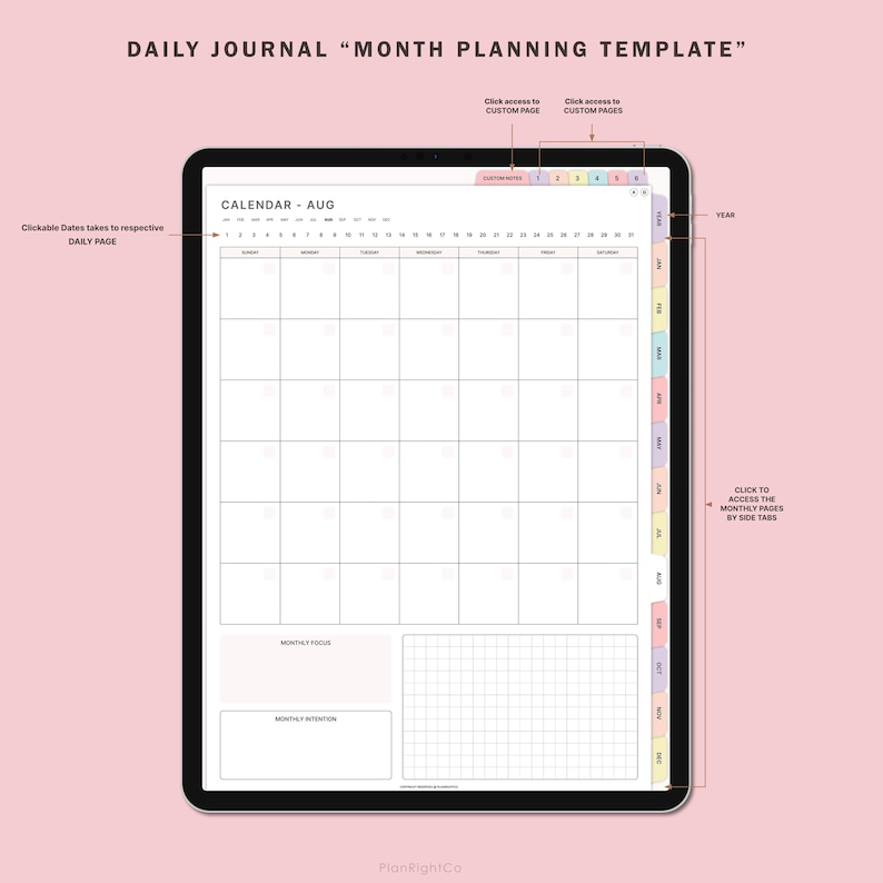 Op de afbeelding: Een digitale planner-sjabloon voor augustus met een kalender, secties voor maandelijkse focus en intentie, en aangepaste notitiepagina's. De sjabloon is ontworpen voor gebruik op een tablet of computer en heeft klikbare datums die naar dagelijkse pagina's linken.