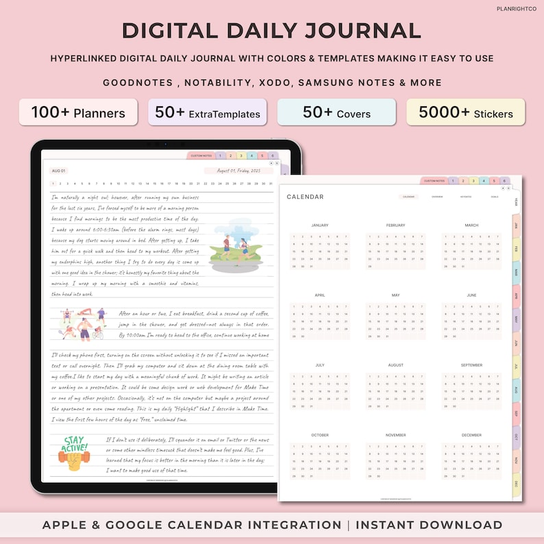 Op de afbeelding: Een digitale dagelijkse journaaltemplate met een kalender, een handgeschreven notitie en illustraties. De template is ontworpen voor gebruik met notitie-apps zoals Goodnotes, Notability, Xodo en Samsung Notes. De tekst op de template luidt "Digital Daily Journal" en "Apple & Google Kalenderintegratie | Direct downloaden".