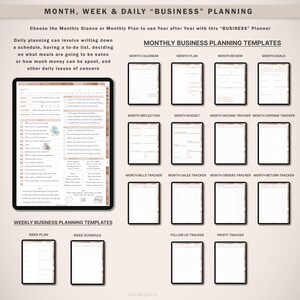 May include: A printable business planning template with monthly and weekly sections. The template includes sections for a monthly calendar, monthly plan, monthly review, monthly goals, monthly reflection, monthly budget, monthly income tracker, monthly expense tracker, monthly bills tracker, monthly sales tracker, monthly orders tracker, monthly return tracker, week plan, week schedule, follow up tracker, and profit tracker.
