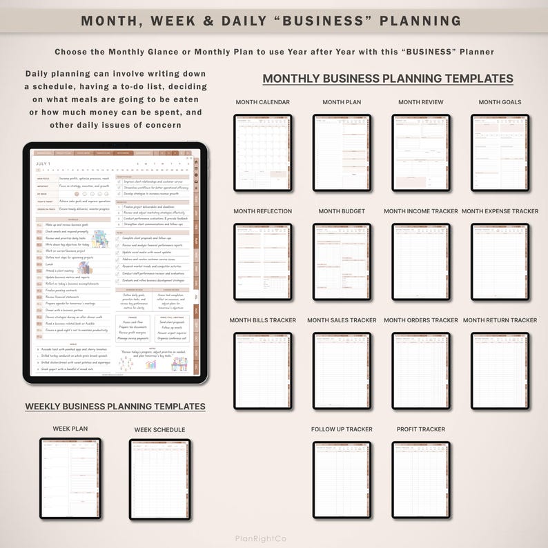 May include: A printable business planning template with monthly and weekly sections. The template includes sections for a monthly calendar, monthly plan, monthly review, monthly goals, monthly reflection, monthly budget, monthly income tracker, monthly expense tracker, monthly bills tracker, monthly sales tracker, monthly orders tracker, monthly return tracker, week plan, week schedule, follow up tracker, and profit tracker.