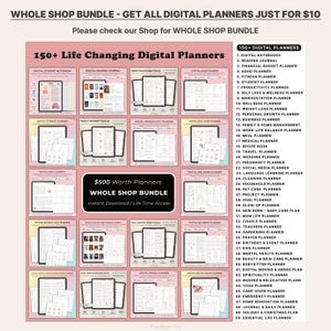 Op de afbeelding: Een roze en witte grafiek met de tekst "Whole Shop Bundle - Get All Digital Planners Just For $10". De grafiek toont een raster met 50 digitale planner-omslagen, elk met een andere titel en ontwerp. De tekst "150+ Life Changing Digital Planners" staat bovenaan de grafiek. De tekst "$500 Worth Planners Whole Shop Bundle Instant Download/Life Time Access" staat in het midden van de grafiek.