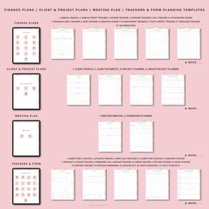 May include: A printable planner template with a pink background and colorful borders. The template includes sections for finance plans, client and project plans, meeting plans, and trackers and forms. The template includes a variety of different trackers and forms, including a financial goal tracker, a client profile tracker, a meeting minutes tracker, and an order form tracker.