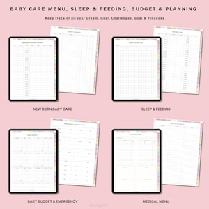 May include: A digital planner for new parents with sections for tracking baby care, sleep, feeding, budget, and emergency contacts. The planner has a colorful design with rainbow borders.