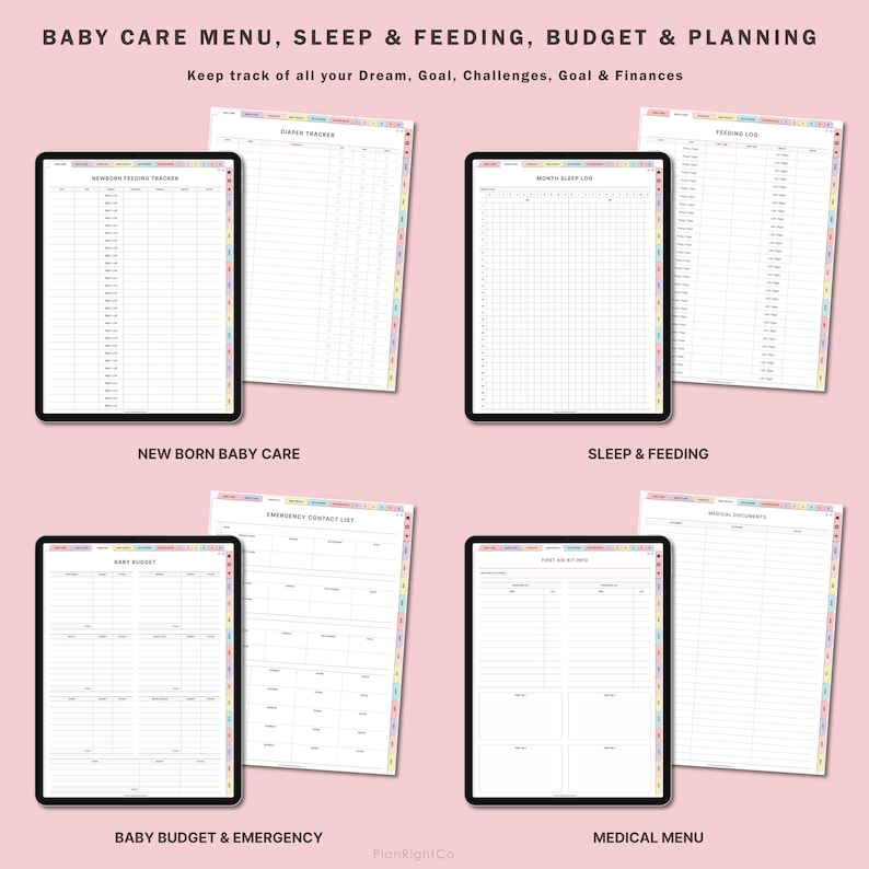 May include: A digital planner for new parents with sections for tracking baby care, sleep, feeding, budget, and emergency contacts. The planner has a colorful design with rainbow borders.
