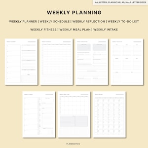 May include: A set of printable weekly planning templates. The templates include sections for weekly planner, schedule, reflection, to-do list, fitness, meal plan, and intake. The text "WEEKLY PLANNING" is at the top. Available in A4, Letter, and A5 sizes.