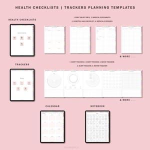 Puede incluir: Un planificador digital con plantillas imprimibles para listas de verificaci&oacute;n de salud, rastreadores y calendarios. Las plantillas incluyen secciones para informaci&oacute;n del kit de primeros auxilios, documentos m&eacute;dicos, listas de verificaci&oacute;n de la bolsa del hospital, gastos m&eacute;dicos, rastreadores de h&aacute;bitos, rastreadores de estado de &aacute;nimo, rastreadores de sue&ntilde;o, rastreadores de agua y m&aacute;s.