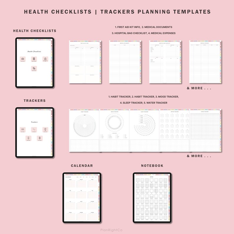 Puede incluir: Un planificador digital con plantillas imprimibles para listas de verificaci&oacute;n de salud, rastreadores y calendarios. Las plantillas incluyen secciones para informaci&oacute;n del kit de primeros auxilios, documentos m&eacute;dicos, listas de verificaci&oacute;n de la bolsa del hospital, gastos m&eacute;dicos, rastreadores de h&aacute;bitos, rastreadores de estado de &aacute;nimo, rastreadores de sue&ntilde;o, rastreadores de agua y m&aacute;s.