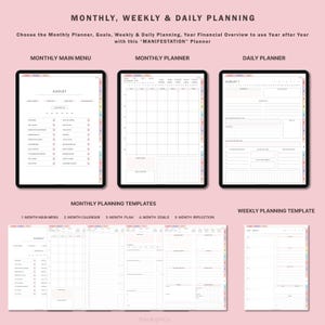 May include: A printable planner with a pink background and colourful accents. The planner includes sections for monthly, weekly, and daily planning, as well as templates for goal setting and reflection. The text "MONTHLY, WEEKLY & DAILY PLANNING" is at the top of the page.