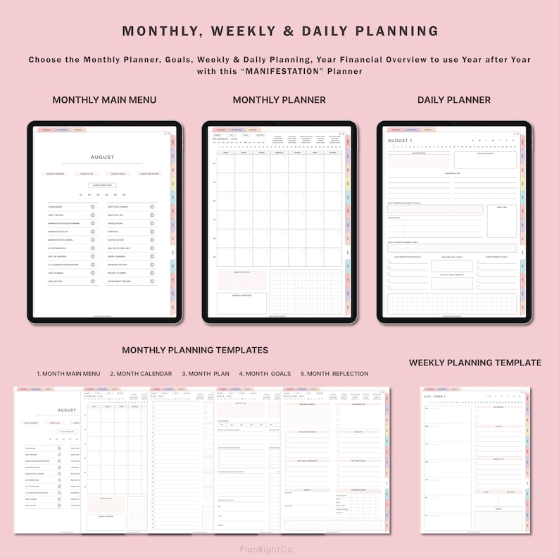 May include: A printable planner with a pink background and colourful accents. The planner includes sections for monthly, weekly, and daily planning, as well as templates for goal setting and reflection. The text "MONTHLY, WEEKLY & DAILY PLANNING" is at the top of the page.