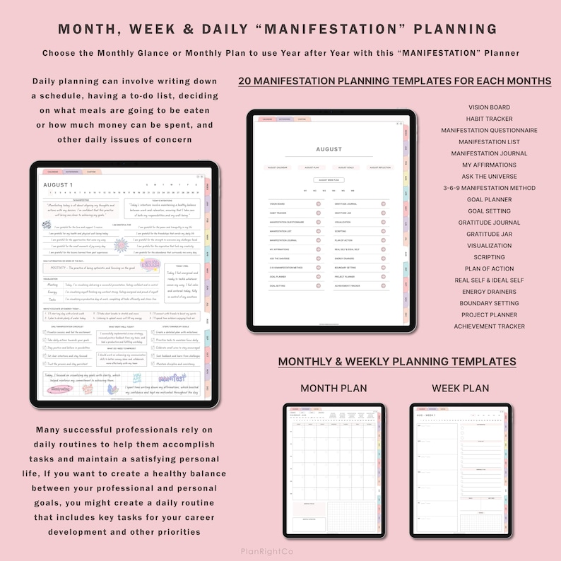 May include: A digital planner with a pink background and a title that reads "MONTH, WEEK & DAILY "MANIFESTATION" PLANNING". The planner includes 20 different templates for manifestation planning, including a vision board, habit tracker, and goal planner. The planner also includes monthly and weekly planning templates.