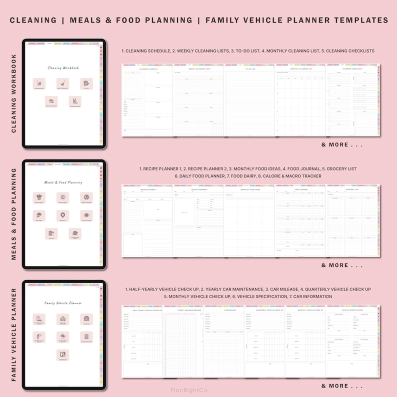 May include: Three digital planner templates for cleaning, meals and food planning, and family vehicle planning. Each template is displayed on a tablet screen with a pink background. The templates are divided into sections with headings and subheadings. The templates are designed to help users organize their daily lives.