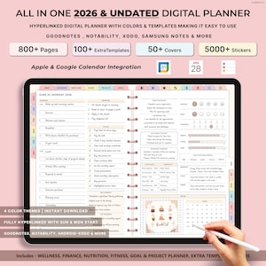 May include: A digital planner on a tablet with the text "ALL IN ONE 2026 & UNDATED DIGITAL PLANNER." The planner includes sections for scheduling, notes, and goals. It features 800+ pages, 100+ extra templates, 50+ covers, and 5000+ stickers.