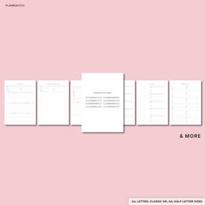 Puede incluir: Un conjunto de p&aacute;ginas de papel blanco con texto y tablas, dispuestas en forma de abanico sobre un fondo rosa. La p&aacute;gina central dice "Renovation List Menu". Tambi&eacute;n se ve el texto "& MORE" y "A4, LETTER, CLASSIC HP, A5, HALF LETTER SIZES".