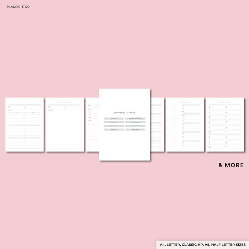 Puede incluir: Un conjunto de p&aacute;ginas de papel blanco con texto y tablas, dispuestas en forma de abanico sobre un fondo rosa. La p&aacute;gina central dice "Renovation List Menu". Tambi&eacute;n se ve el texto "& MORE" y "A4, LETTER, CLASSIC HP, A5, HALF LETTER SIZES".