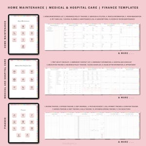 May include: Three digital planner pages with colorful borders. The first page is titled "Home Maintenance" and has icons for home maintenance tasks. The second page is titled "Medical and Hospital Care" and has icons for medical and hospital care tasks. The third page is titled "Finance" and has icons for finance tasks.