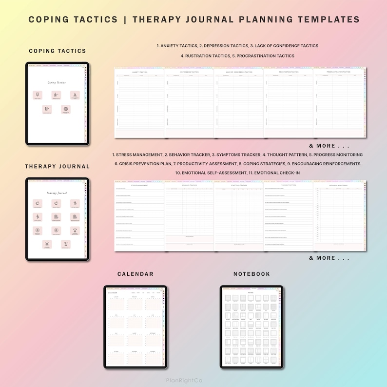 May include: A digital planner template for therapy journals with sections for coping tactics, stress management, behavior tracker, symptoms tracker, thought pattern, progress monitoring, crisis prevention plan, productivity assessment, coping strategies, encouraging reinforcements, emotional self-assessment, and emotional check-in. The template also includes a calendar and notebook section.