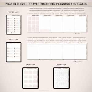 May include: A digital planner template for prayer and reflection. The template includes a prayer menu, trackers, a calendar, and a notebook. The template is designed to help users organize their prayer life and track their spiritual growth.