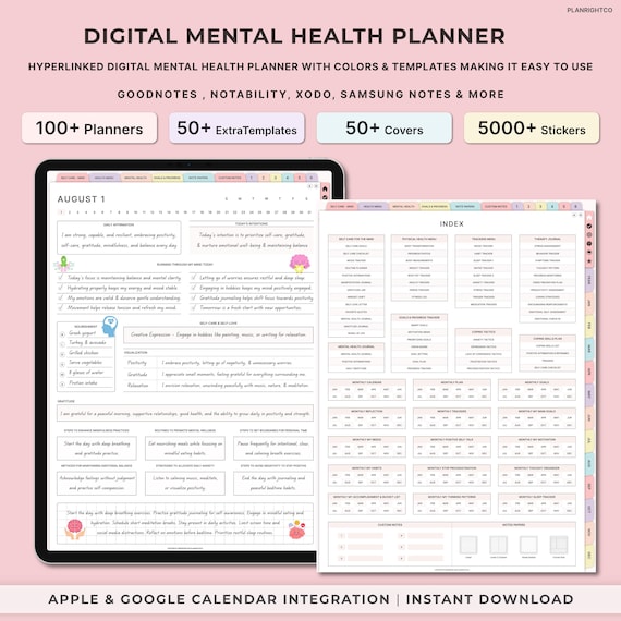 Self Care Digital Planner, Digital Mental Health Journal, Therapy, Anxiety, Gratitude, Mood Tracker, Digital Journal Prompts, GoodNotes iPad