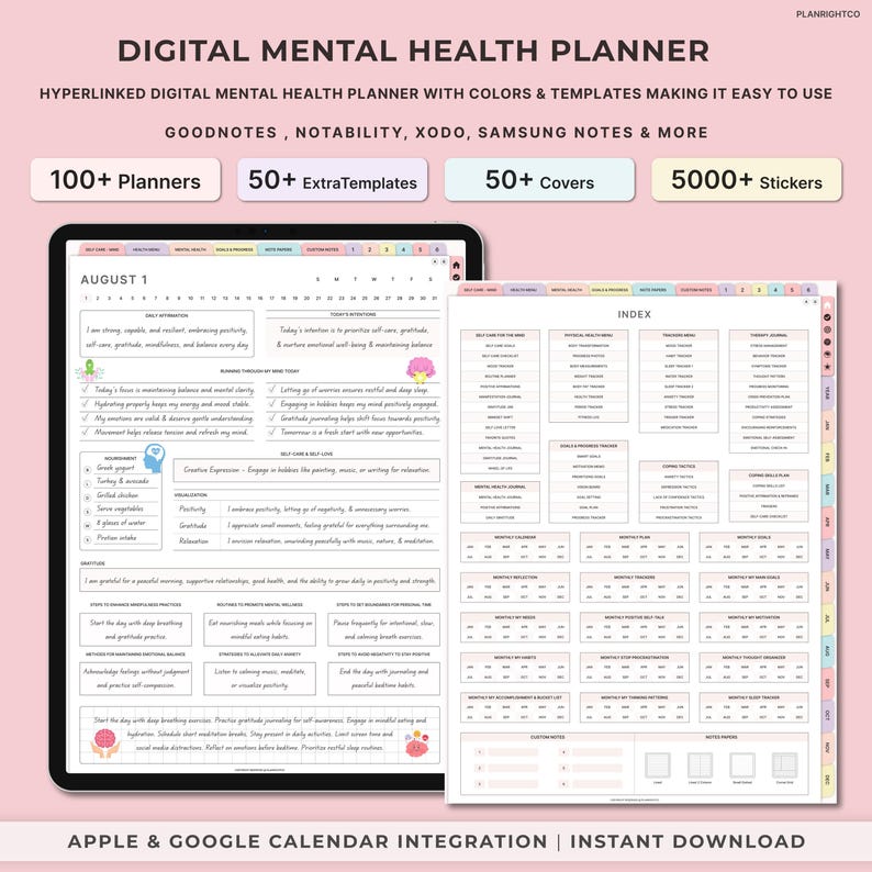 May include: A digital mental health planner with a pink and white color scheme. The planner includes a calendar for August 1st, a section for daily affirmations, and an index with various sections for tracking mental health goals. The planner is compatible with Apple and Google calendars and is available for instant download.