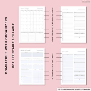 Op de afbeelding: Printbare plannerpagina's met maandoverzichten, dagplanners en doelplanners. De pagina's zijn ontworpen om compatibel te zijn met organizers en zijn invulbaar. De tekst bevat "Compatibel met organizers" en "Beide printbaar & invulbaar."