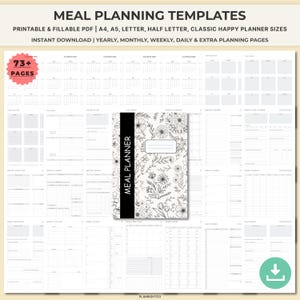 Peut inclure: Un modèle numérique de planification des repas avec une couverture à motifs floraux. La couverture est en noir et blanc avec les mots "MEAL PLANNER" sur le dos. Le modèle comprend des pages de planification annuelles, mensuelles, hebdomadaires, quotidiennes et supplémentaires. Le texte "MEAL PLANNING TEMPLATES" est également inclus.