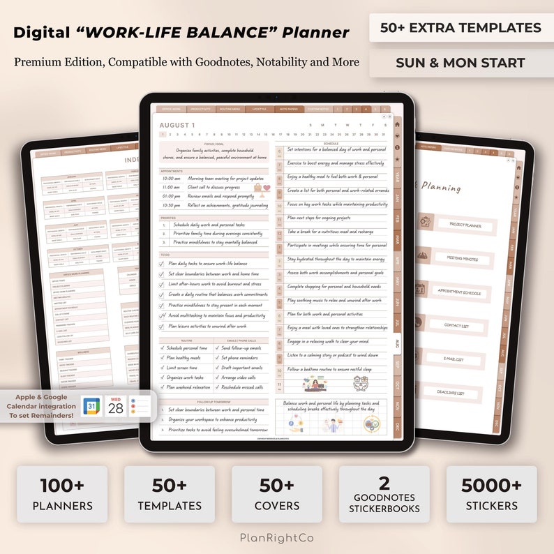 Op de afbeelding: Digitale "WORK-LIFE BALANCE" planner op een tablet, met sjablonen en stickers. Het scherm toont een dagschema met afspraken en taken. Compatibel met Goodnotes en Notability.