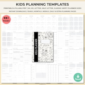 May include: A digital planner with the text "KIDS PLANNING TEMPLATES" and "KIDS PLANNER". The planner has a floral design cover and includes yearly, monthly, weekly, daily, and extra planning pages. The image also shows a "98+ PAGES" badge.