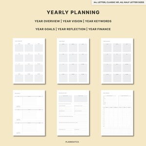 May include: A collection of printable yearly planning pages in A4, Letter, Classic HP, A5, and Half Letter sizes. The pages include sections for year overview, vision, keywords, goals, reflection, and finance. The text "YEARLY PLANNING" is at the top.