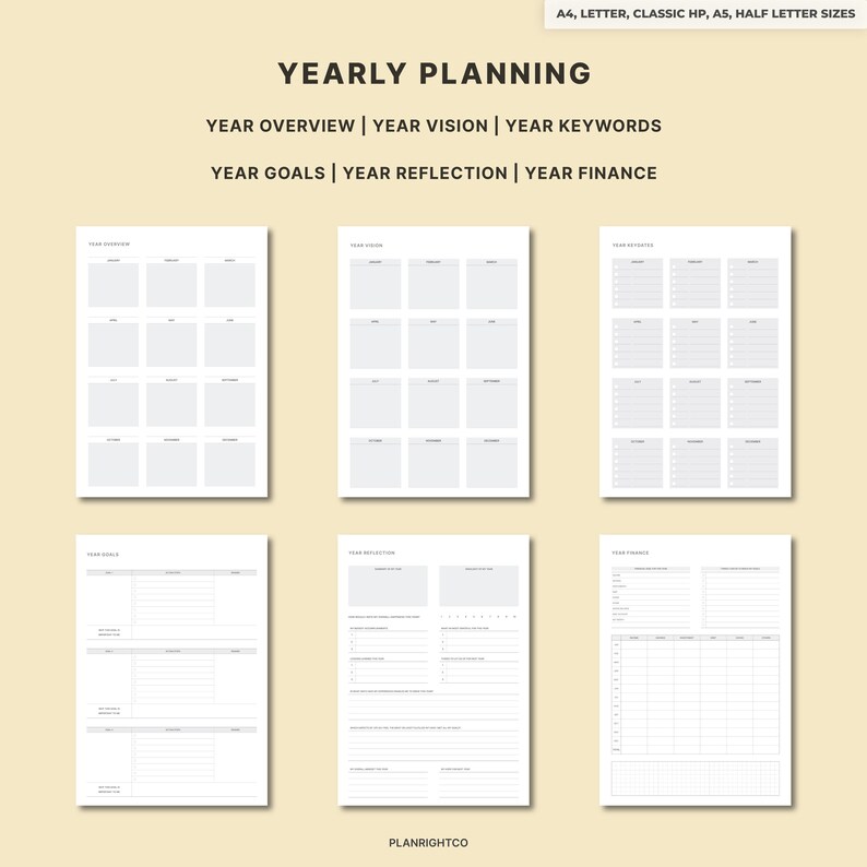 May include: A collection of printable yearly planning pages in A4, Letter, Classic HP, A5, and Half Letter sizes. The pages include sections for year overview, vision, keywords, goals, reflection, and finance. The text "YEARLY PLANNING" is at the top.