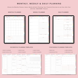 May include: A digital planner with six monthly and four weekly planning templates. The templates include a calendar, plan, goals, reflection, finance, trackers, schedule, and meal plan. The planner is designed for self-care and includes a pink background.