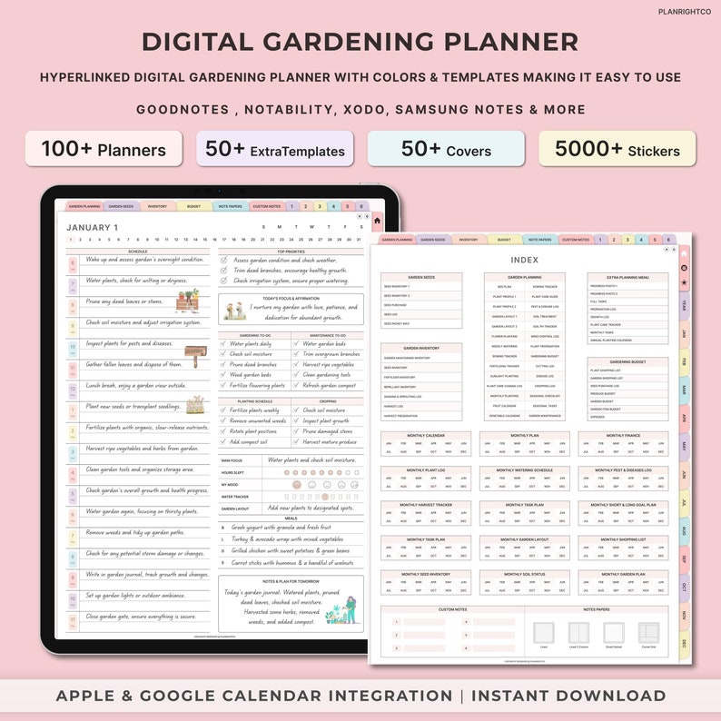 Pode incluir: Um planejador de jardinagem digital com um esquema de cores rosa e branco. O planejador inclui mais de 100 planejadores, mais de 50 modelos adicionais, mais de 50 capas e mais de 5000 adesivos. O planejador &eacute; compat&iacute;vel com Goodnotes, Notability, Xodo, Samsung Notes e muito mais. O planejador tamb&eacute;m inclui a integra&ccedil;&atilde;o do calend&aacute;rio Apple e Google.