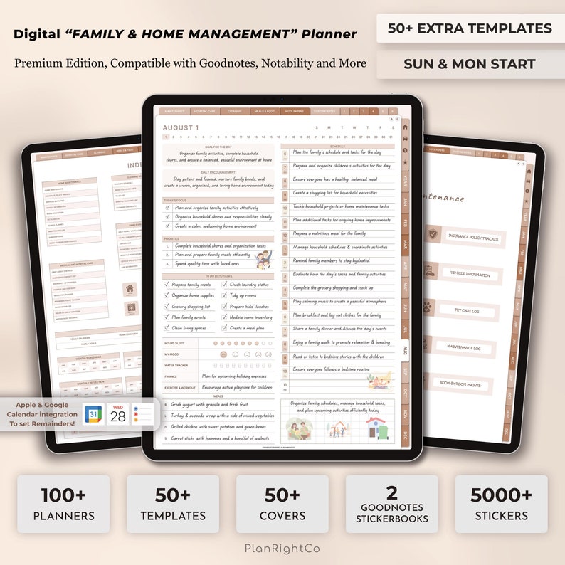 Digital Family Planner, Family Calendar, Family Chore List, Household