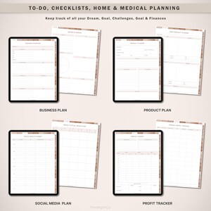 May include: A set of printable digital planner pages for business, product, social media, and profit tracking. The pages are designed with a brown and white colour scheme and feature a minimalist aesthetic.
