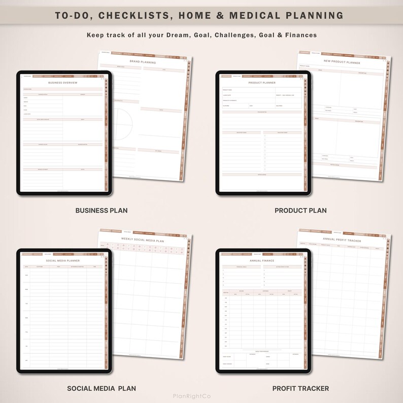 May include: A set of printable digital planner pages for business, product, social media, and profit tracking. The pages are designed with a brown and white colour scheme and feature a minimalist aesthetic.