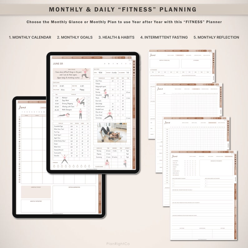 Op de afbeelding: Digitale fitnessplanner met een maandkalender, doelen, gezondheids- en gewoontetracker, intermittent fasting-logboek en maandelijkse reflectiepagina's. De planner wordt weergegeven op een tablet met een beige en bruin kleurenschema. Tekst bevat "Monthly & Daily Fitness Planning."