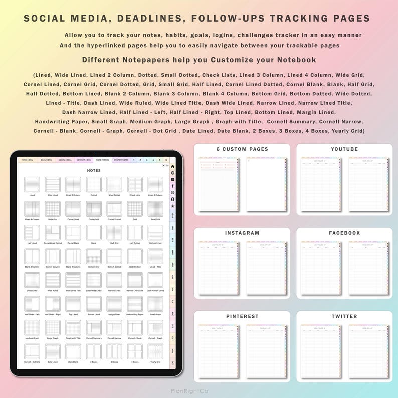 May include: A digital planner with a variety of page layouts for tracking social media, deadlines, and follow-ups. The planner includes pages with lined, dotted, grid, and Cornell note paper styles. The planner also includes pages for YouTube, Instagram, Facebook, Pinterest, and Twitter.