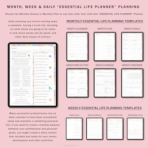 Pu&ograve; includere: Un planner digitale con sfondo rosa e uno schermo di tablet bianco che mostra modelli di calendario mensile, programma settimanale e planner giornaliero. Il testo sullo schermo recita "MONTH, WEEK & DAILY "ESSENTIAL LIFE PLANNER" PLANNING".